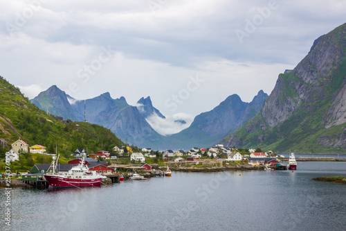 fishing port and the mountains in Reine in Lofoten in Norway