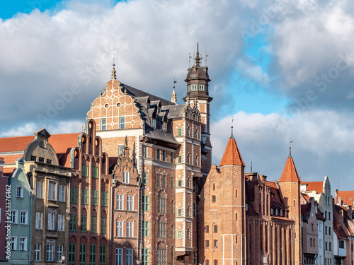 Waterfront promenade in Gdansk alongside Motlawa River, old town, very popular tourist location.