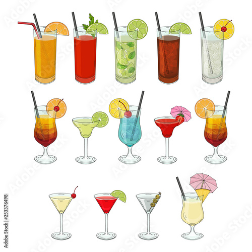 Big collection of cocktails. Daiquiri, Mojito, Pina colada, Margarita, beach sex, Martini, bloody Mary. vector illustration. isolated objects.