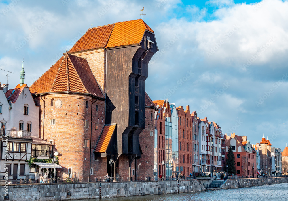 Old city in Poland with the oldest medieval port crane (Zuraw) in Europe and a promenade along the riverbank of Motlawa River