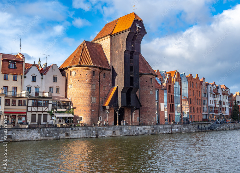 Old city in Poland with the oldest medieval port crane (Zuraw) in Europe and a promenade along the riverbank of Motlawa River