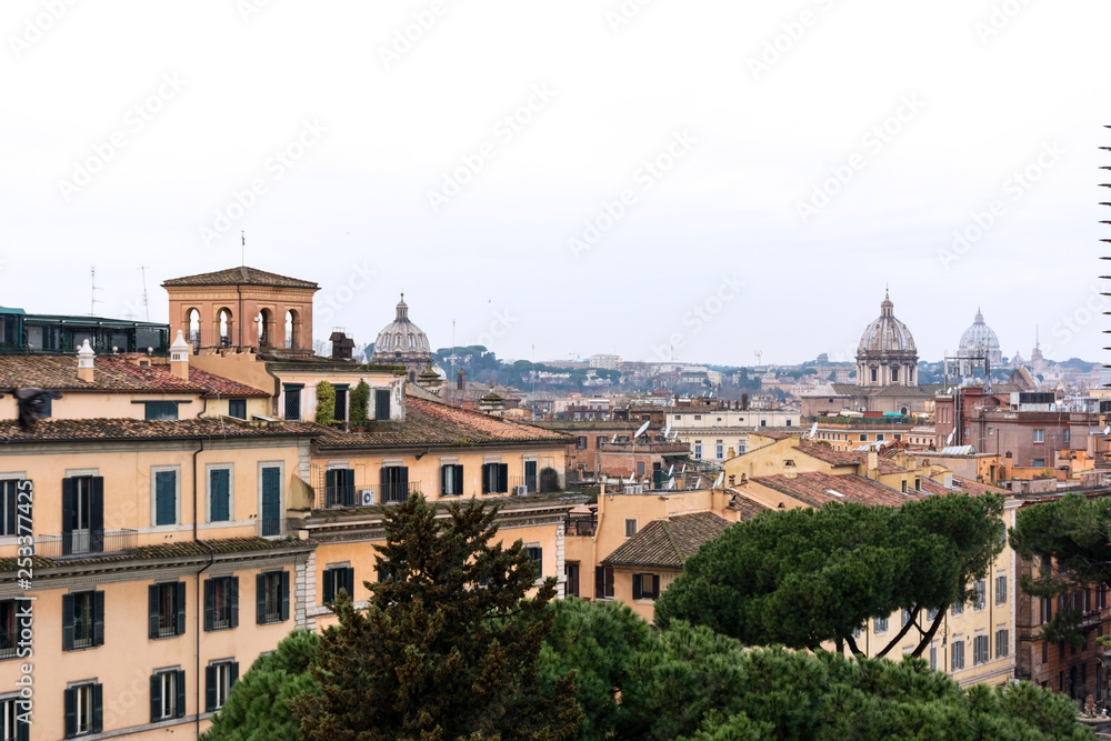 Rome, roofs, buildings, pine trees, greenery, rainy, day, spring