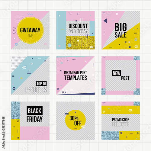 Set of trendy geometric elements memphis cards. 