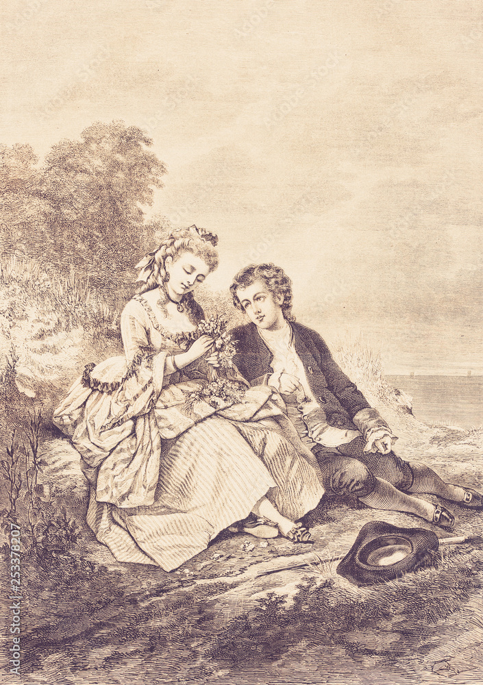 Obraz premium The lovers on the meadow in summer - Illustration, Germany, 1870-1879, 18th Century Style, 19th Century, 19th Century Style