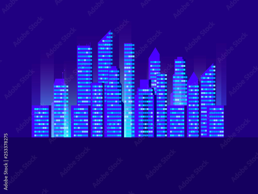 Cityscape with skyscrapers. Cities of the future. Retro futuristic city. Cyberpunk and retrowave style. Vector illustration