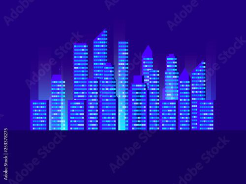 Cityscape with skyscrapers. Cities of the future. Retro futuristic city. Cyberpunk and retrowave style. Vector illustration