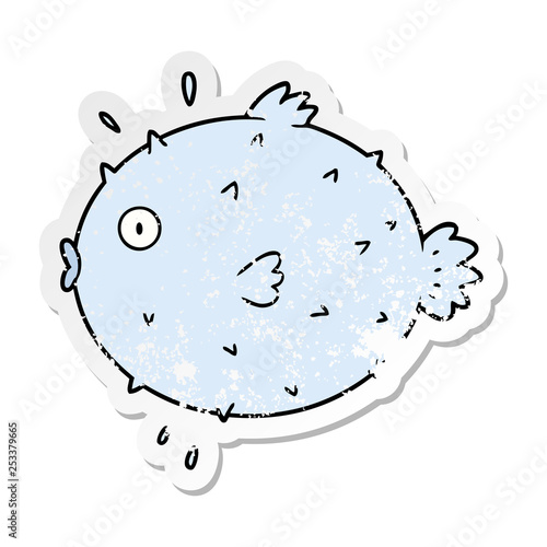 distressed sticker of a cartoon puffer fish