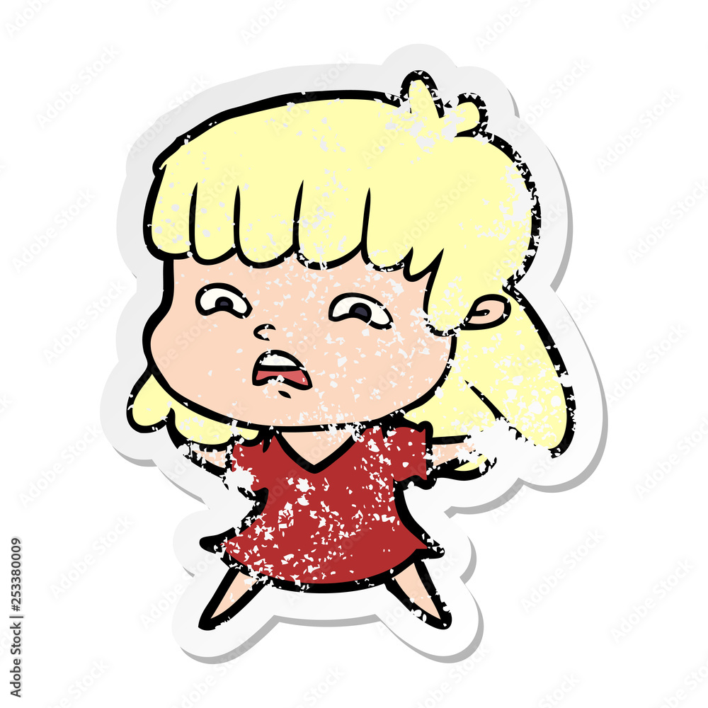 distressed sticker of a cartoon worried woman distressed sticker of a cartoon worried woman