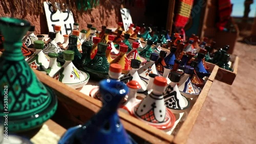 Closeup shot of Tajine Pots on a Market in Morocco. Traditional dishes.