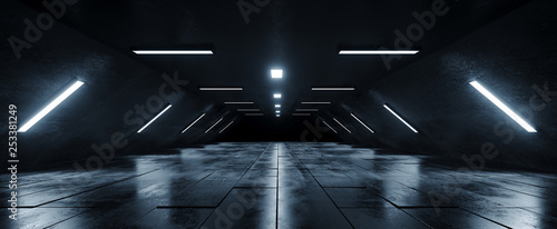 Fototapeta Naklejka Na Ścianę i Meble -  Sci Fi Futuristic Alien Spaceship  Dark Empty Grunge Concrete Reflective Tiled Floor And White Blue Glowing Led Lights Studio Hall Corridor Tunnel 3D Rendering
