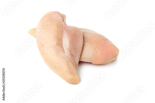 Raw chicken breast fillets on white background