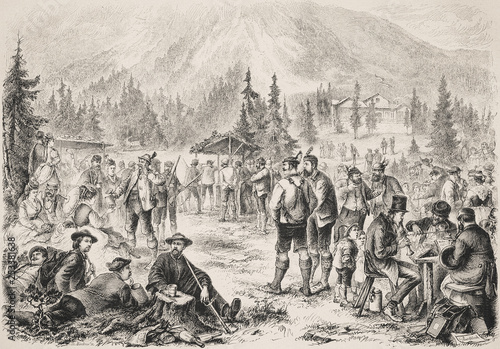 The hunters  meeting on a meadow near Mittenwald in Upper Bavaria. - Illustration   Bavaria  Germany  Mittenwald  1870-1879  19th Century