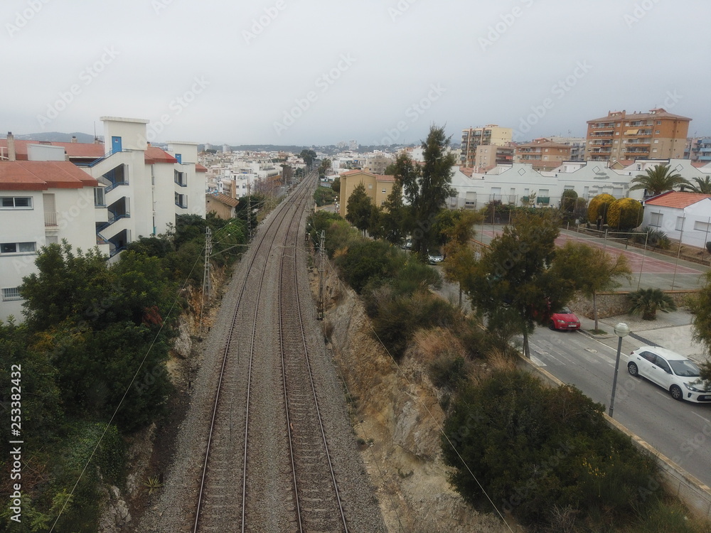 Railway to train station of Sitges. Barcelona. Spain. Aerial view