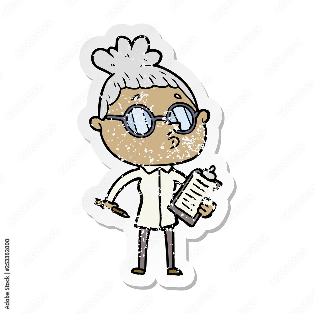 distressed sticker of a cartoon woman wearing glasses distressed sticker of a cartoon woman wearing glasses
