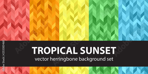Herringbone pattern set Tropical Sunset. Vector seamless parquet backgrounds