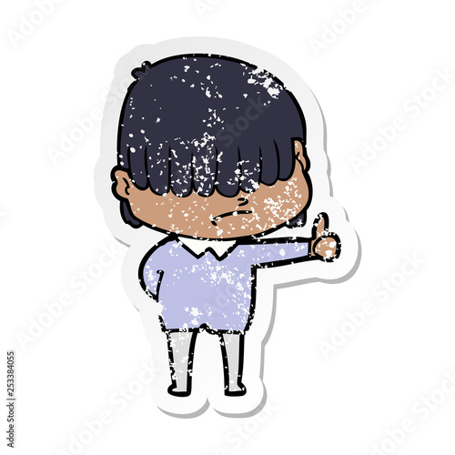 distressed sticker of a cartoon boy with untidy hair