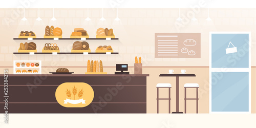 Bakery shop and cafeteria with fresh bread interior