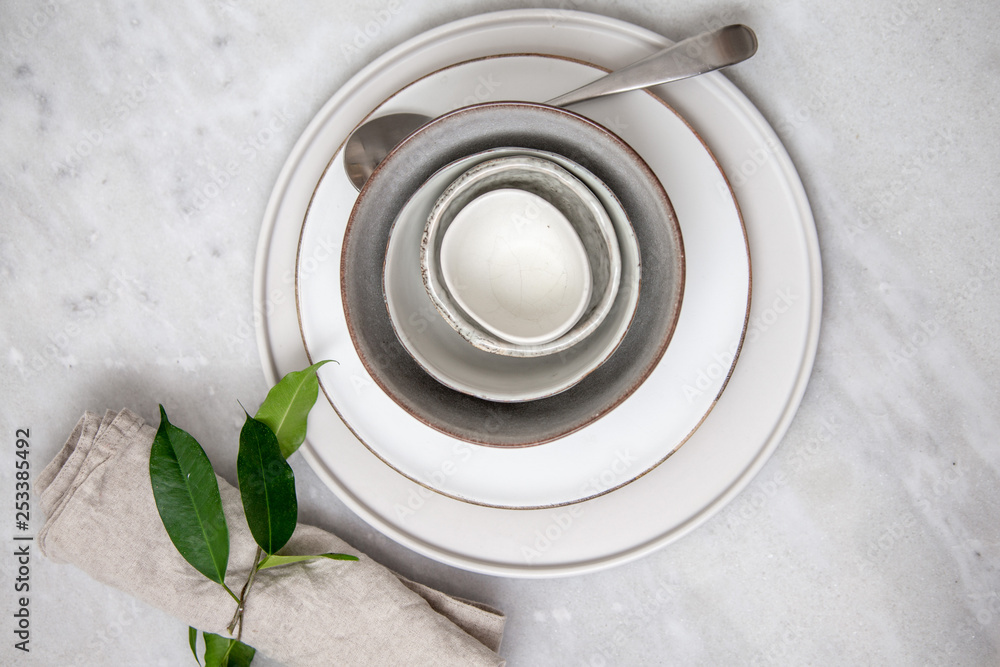 table setting on marble texture background with copy space