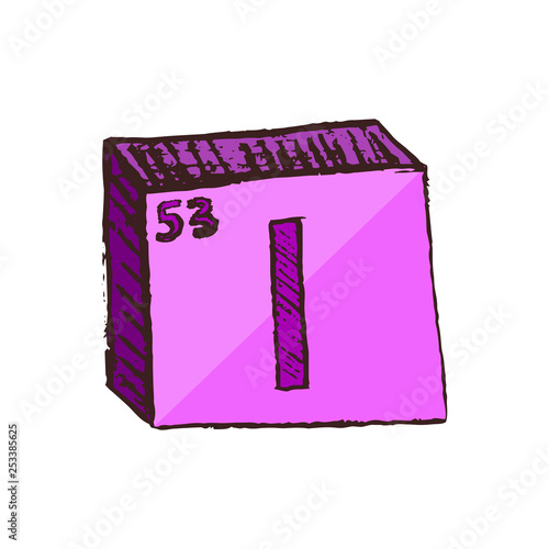 Vector three-dimensional hand drawn chemical violet symbol of gas iodine with an abbreviation I from the periodic table of the elements isolated on a white background.