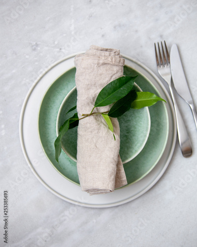 table setting on marble texture background with copy space