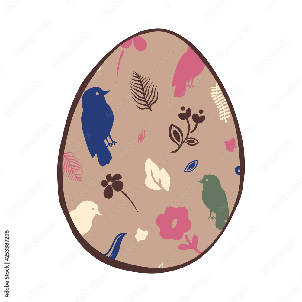 Cartoon style vector illustration of easter egg with flower, bird pattern. Great design elements for icon, sticker, card, print, poster. Unique drawing isolated on white background. Holiday concept Cartoon style vector illustration of easter egg with flower, bird pattern. Great design elements for icon, sticker, card, print, poster. Unique drawing isolated on white background. Holiday concept