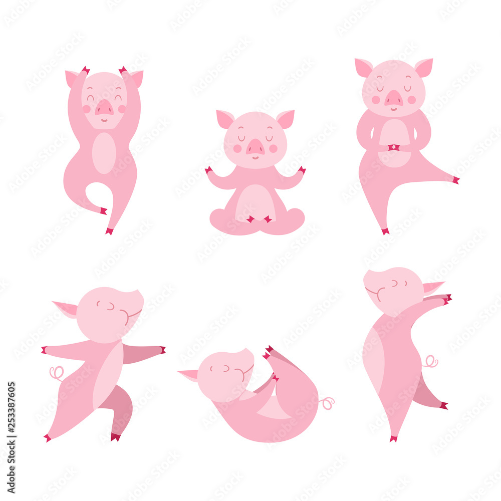 Collection cartoon cute pig practicing various yoga position. Collection cartoon cute pig practicing various yoga position.