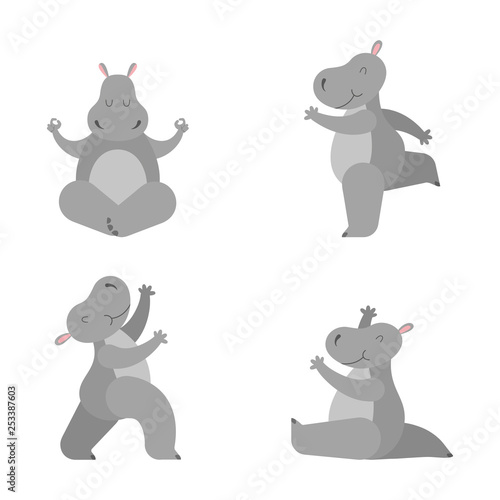 Collection cartoon cute hippo practicing various yoga position.