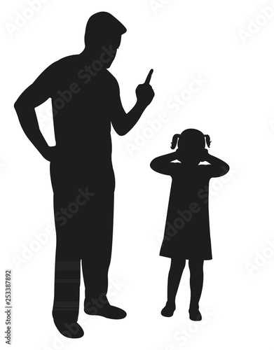 Father scolding his daughter pointing finger, silhouette vector