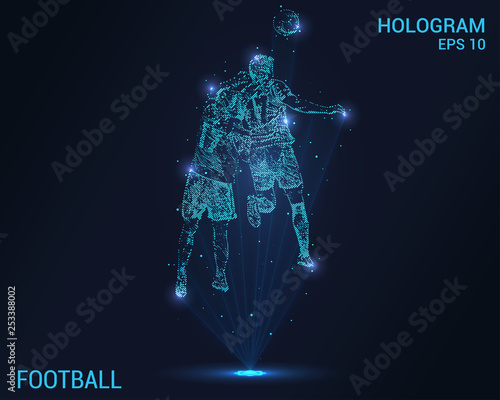 Football hologram. Digital and technological background of football. Football players are fighting for the ball.