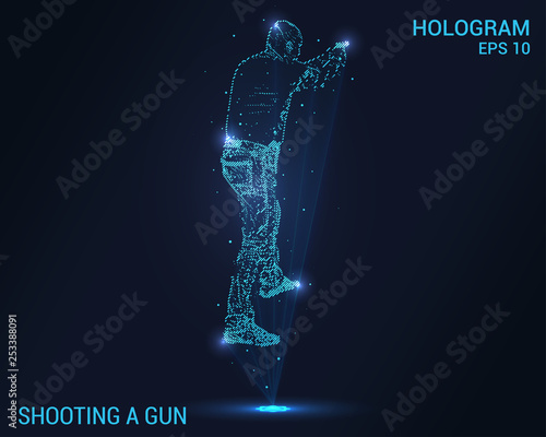 Shooting gun hologram. Digital and technological background of a policeman. Futuristic security design.