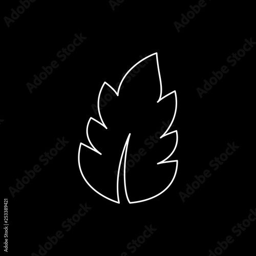 Flat line monochrome leaf sign for web sites and apps. Minimal simple black and white leaf sign. Isolated vector white leaf sign on black background.