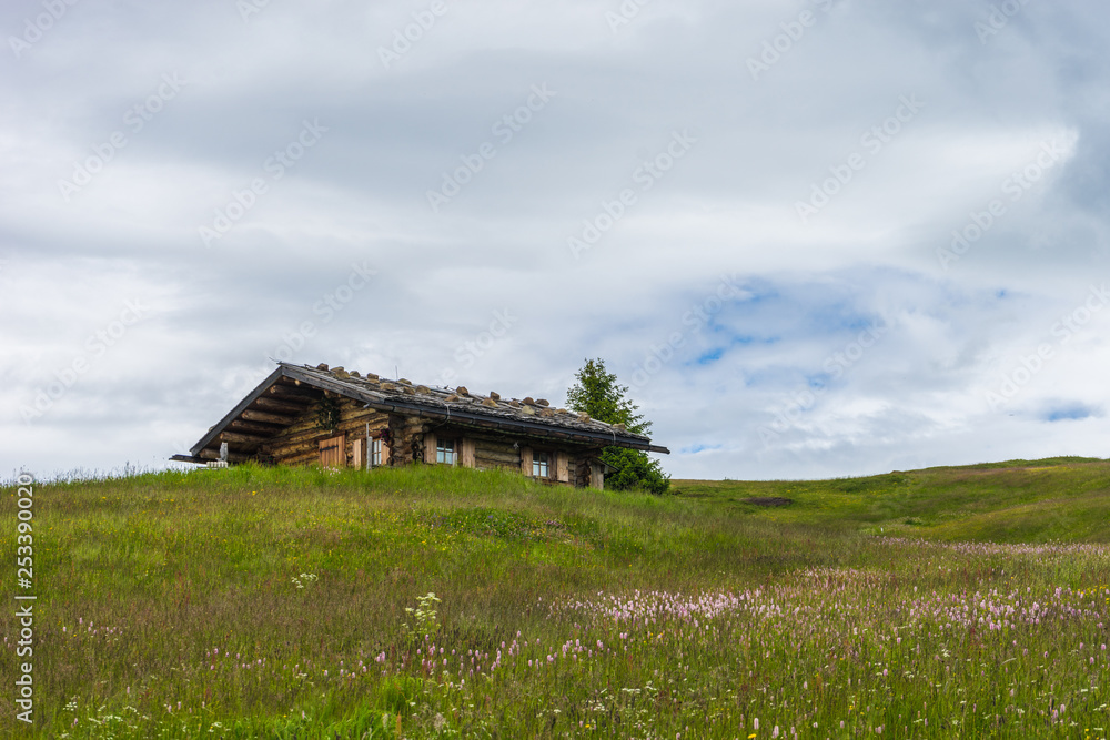 Alpe di Siusi, Seiser Alm with Sassolungo Langkofel Dolomite, a building with a grassy field Alpe di Siusi, Seiser Alm with Sassolungo Langkofel Dolomite, a building with a grassy field