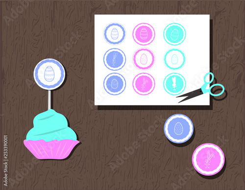 Cupcake toppers or stickers with eggs, hearts and rabbits. llustration delicate colors aquamarine turquoise, pink, blue. Silhouettes of bunny and hearts. Suitable decoration for party easter egg hunt