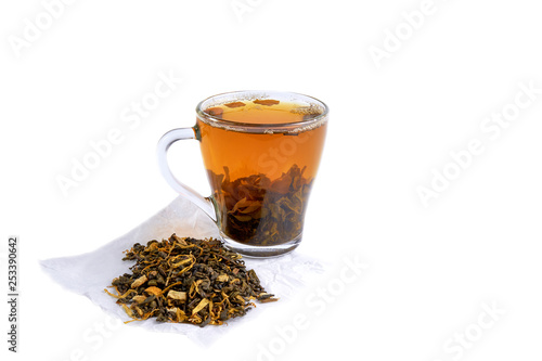 Green tea with dry flavors and in a glass cup with space for inscription