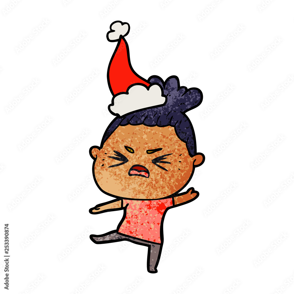 textured cartoon of a angry woman wearing santa hat