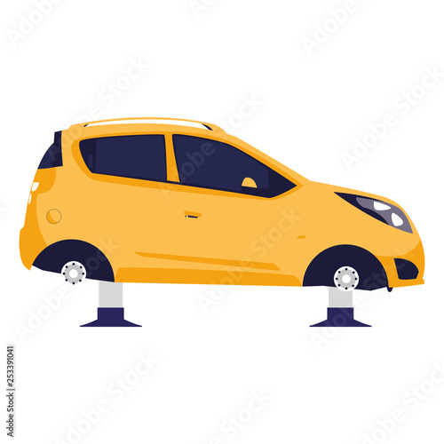 car vehicle without tires in mechanical workshop