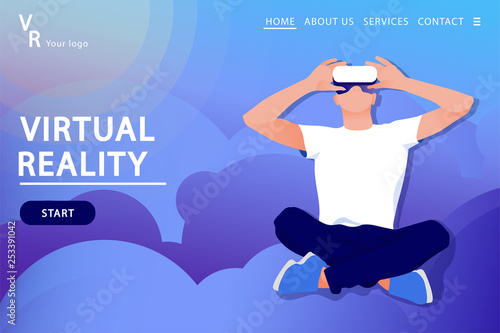 Man in virtual reality glasses on a space abstract Background.  Landing page template.  Vector illustration in modern flat style.