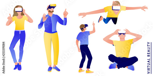 Set of  people in virtual reality glasses on a white Background. Vector illustration in modern flat style.
