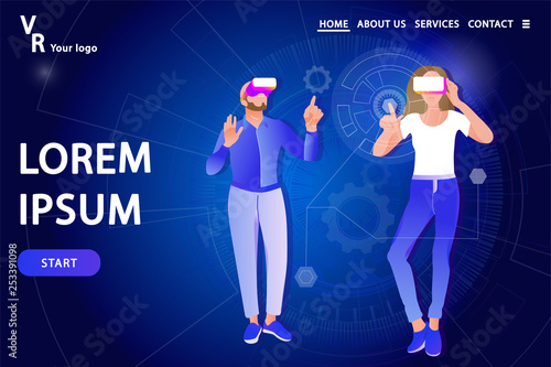Man and woman in virtual reality glasses on a technology abstract Background.  Landing page template. Vector illustration in modern flat style.