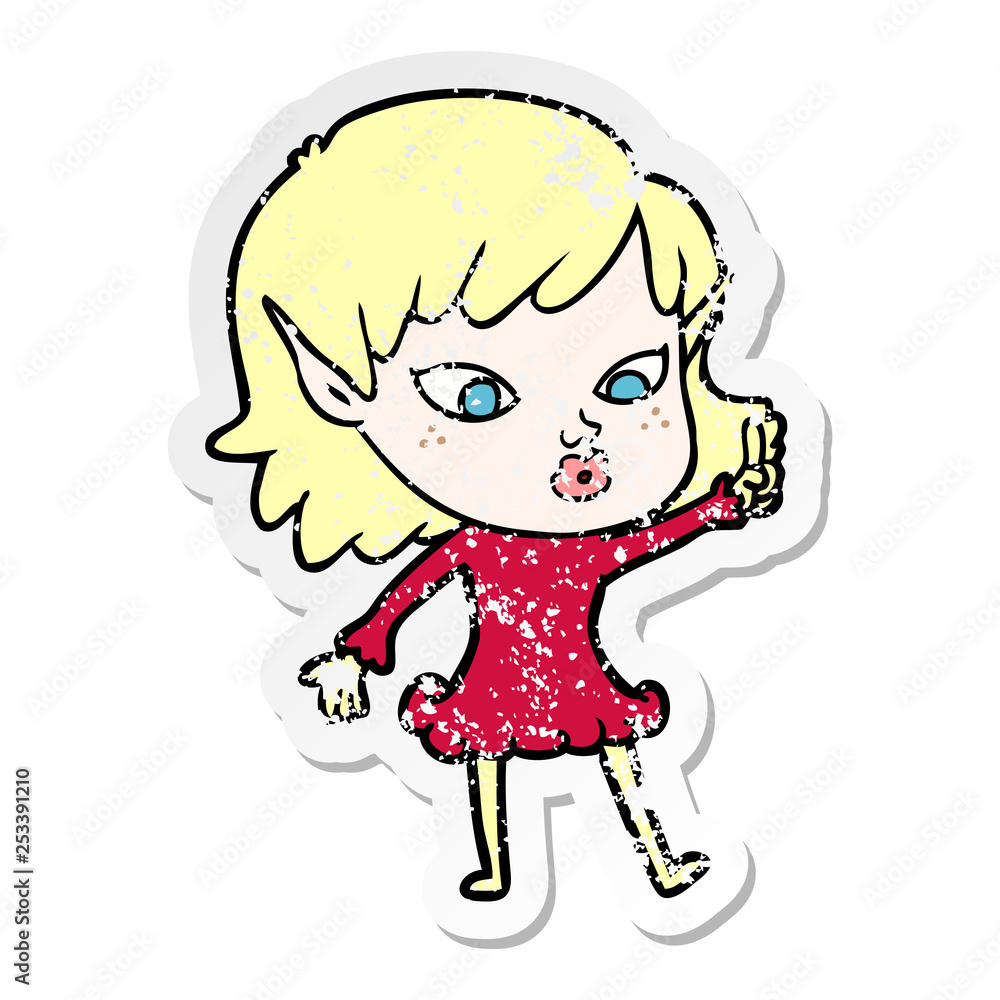 distressed sticker of a pretty cartoon elf girl distressed sticker of a pretty cartoon elf girl