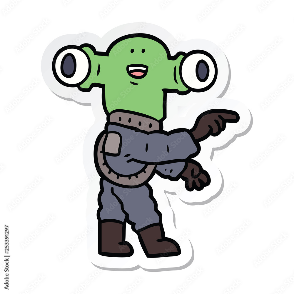 sticker of a friendly cartoon alien pointing sticker of a friendly cartoon alien pointing