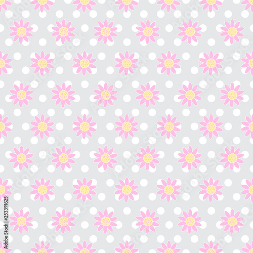 Daisies arranged on polka dots. Abstract pastel flowers on backdrop. Vector illustration of seamless repeating pattern. Cute design conception.