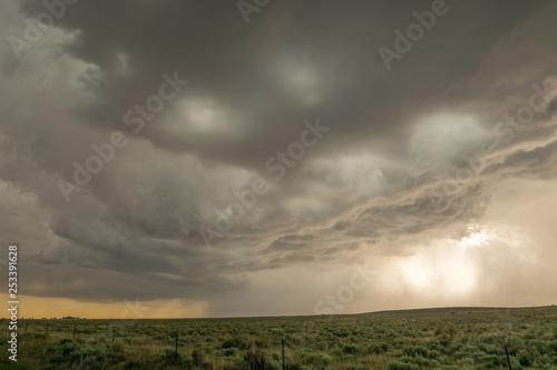 A dramatic looking severe thunderstorm rumbles close to Black Mesa Nature Preserve at the border of Oklahoma and New Mexico. 