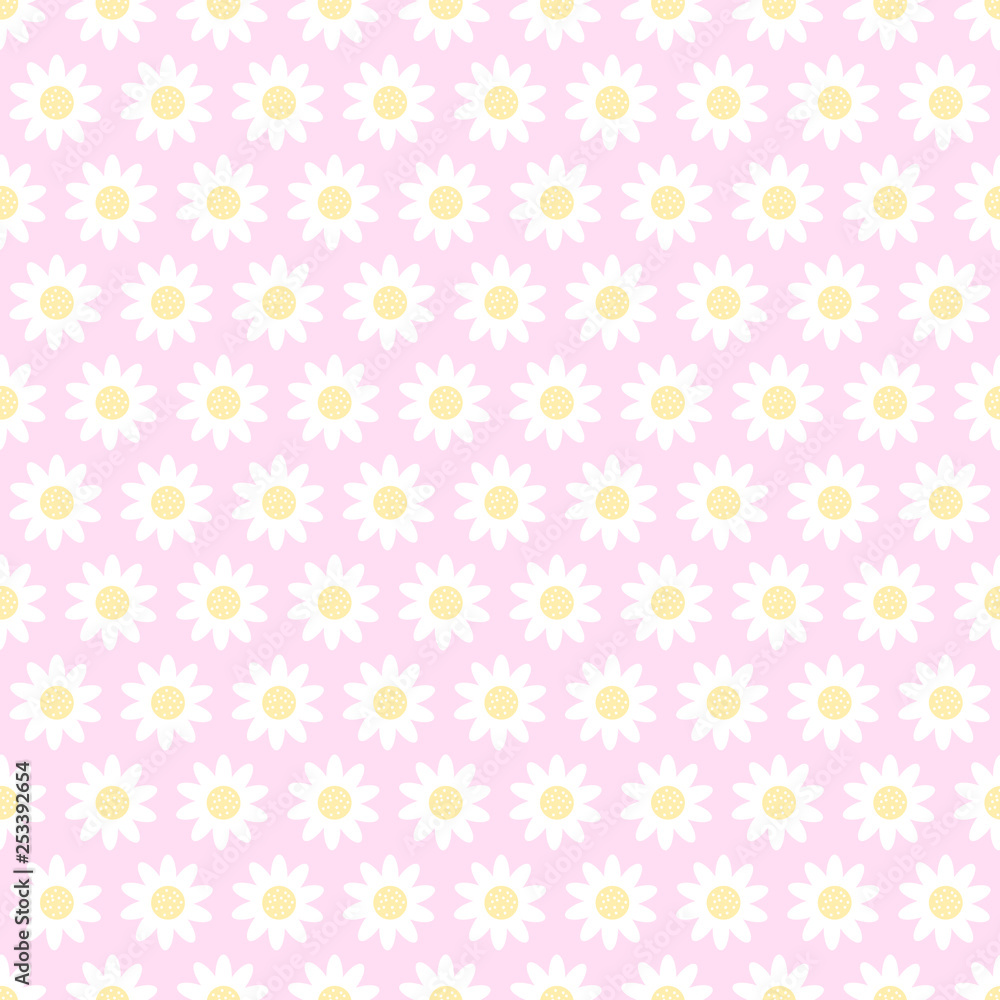 Daisies arranged on a pink background. White flowers with shadows on pastel backdrop. Vector illustration of seamless repeating pattern. Cute design conception.