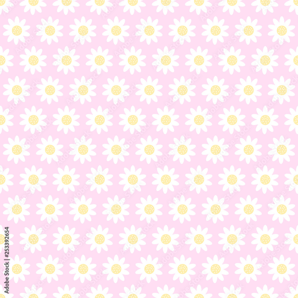 Daisies arranged on a pink background. White flowers with shadows on pastel backdrop. Vector illustration of seamless repeating pattern. Cute design conception. Daisies arranged on a pink background. White flowers with shadows on pastel backdrop. Vector illustration of seamless repeating pattern. Cute design conception.