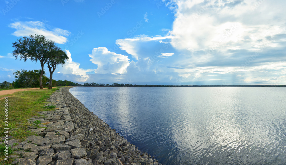 Beautiful panoramic view of the Tissa Wewa - big artificial lake in Anuradhapura, Sri Lanka