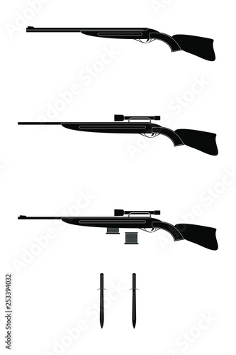 Set of Black and White Icons. Weapons for Hunting. Shotguns and Knives.