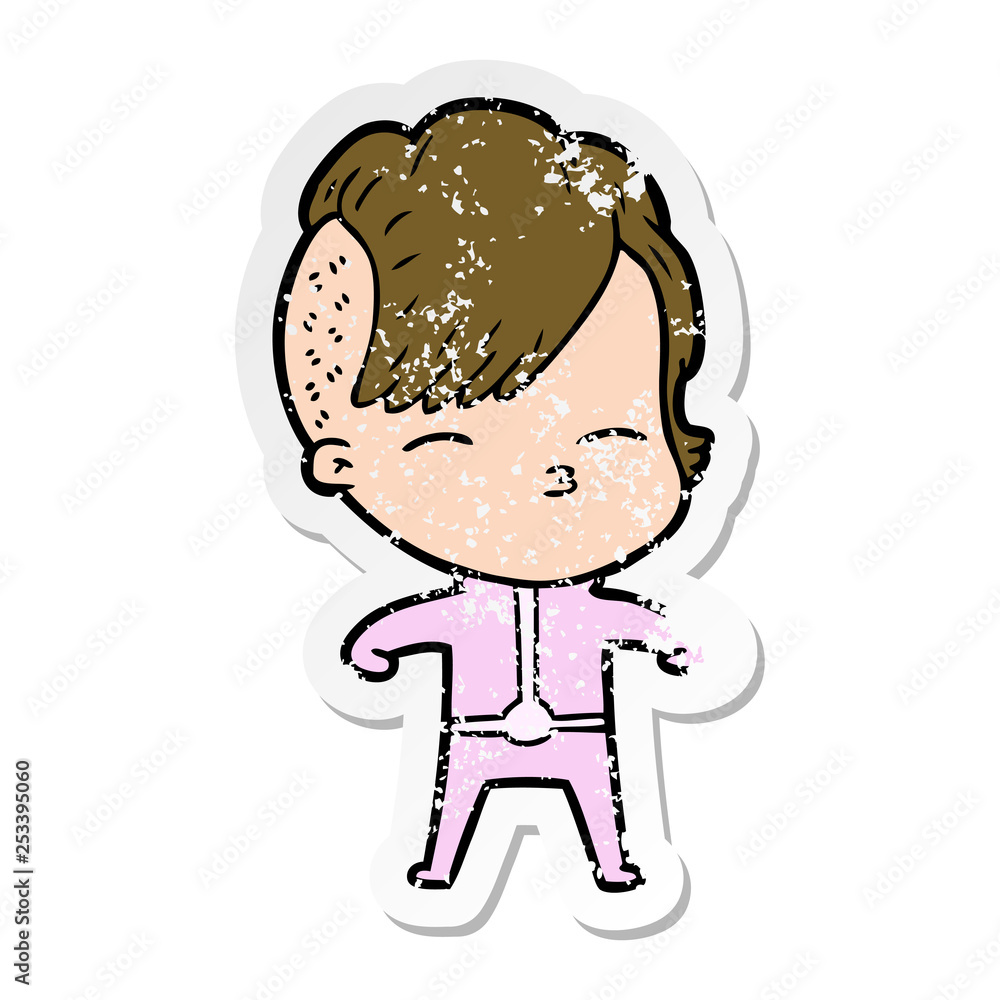 distressed sticker of a cartoon girl wearing futuristic clothes distressed sticker of a cartoon girl wearing futuristic clothes