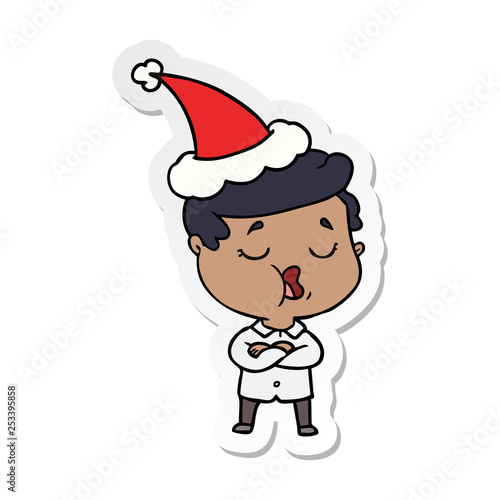 sticker cartoon of a man talking wearing santa hat