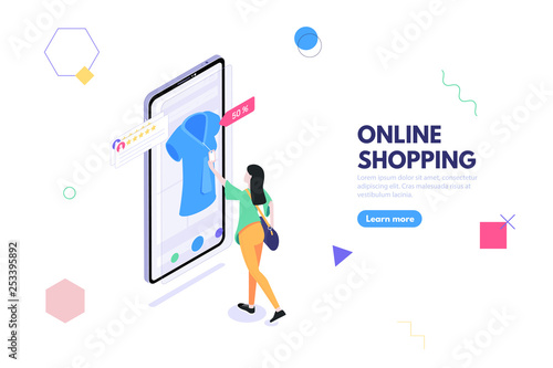 Online shopping concept, Isometric woman chooses a product in an online store. Commercial checkout pay, ecommerce retail on device for customer application. Flat isometric vector illustration